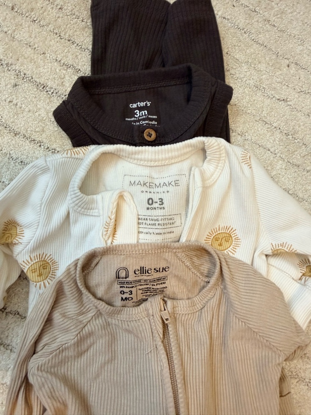 Neutral Ribbed Baby Zipper Rompers - Set of 3 - Picture 2 of 2